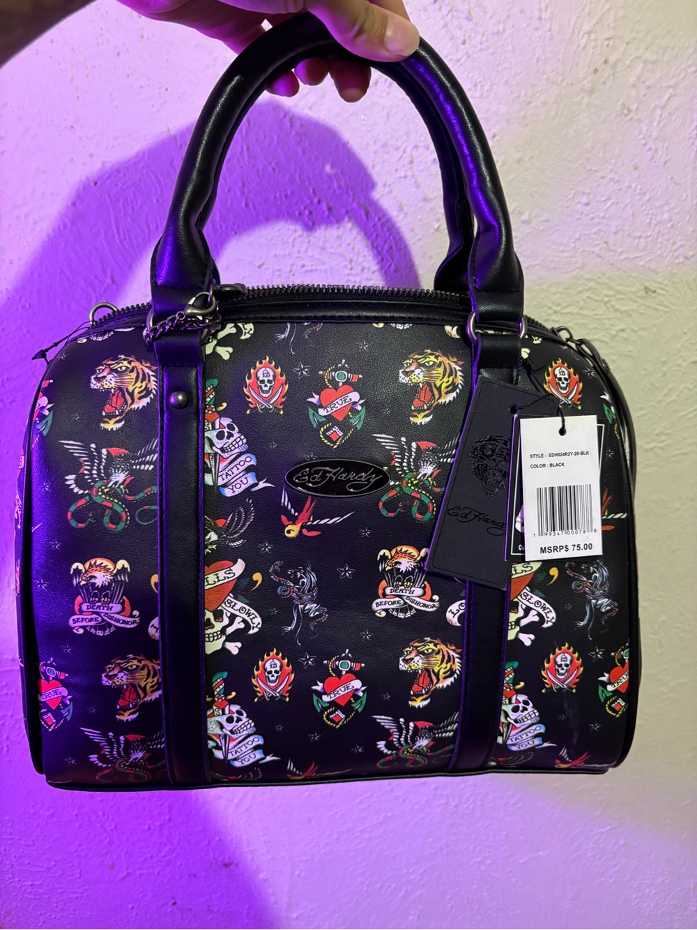 Ed Hardy Black Satchel with Multicolor Tattoo Motifs